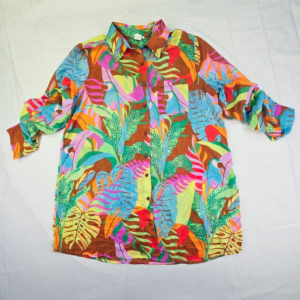 Violet Sky Women Large Tropical Parrot Print Button Down Shirt Dress Multicolor